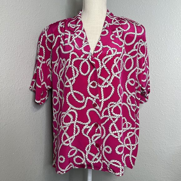 Diane Von Furstenberg Deep Pink Nautical Rope Print Silk Asset Blouse Large - Picture 1 of 4